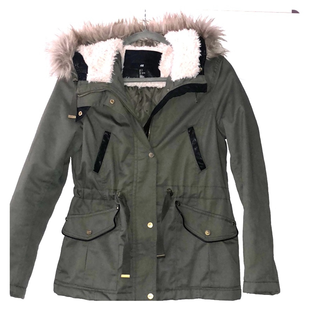 H&M army green jacket with fur